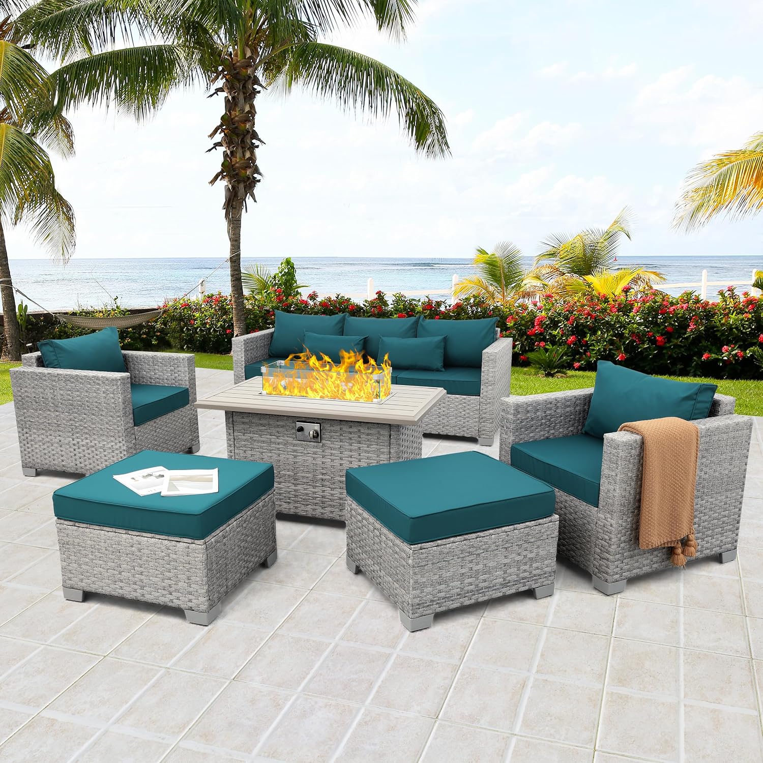 Sofá Seccional de Mimbre Sinté - Outdoor Furniture With Fire Pit Table reseña y precio